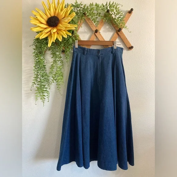 Dark Blue Denim A-Line Maxi Skirt - Classic Flare - Picture 3 of 4